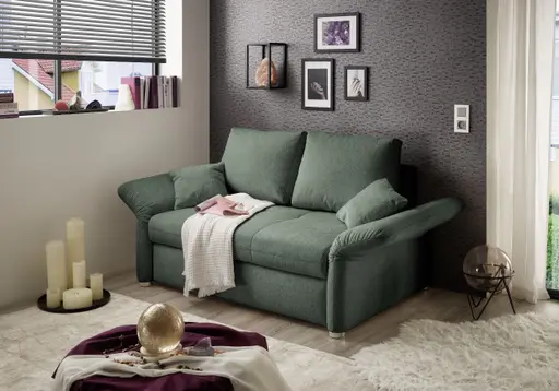 Sofa JORDEN - 1,5-Sitzer inkl. Schlaffunktion mit Bettkasten, verstellbare Armlehnen, Stoff, Dunkelgrün