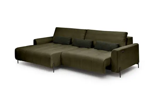 Ecksofa - Longchair links mit 2-Sitzer, Sitztiefe verstellbar motorisch, Stoff, Dunkelgrün