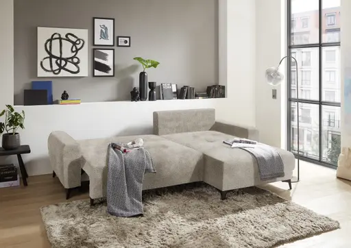 Ecksofa - 2-Sitzer, Ecke rechts inkl. Schlaffunktion mit Bettkasten, Stoff, Taupe