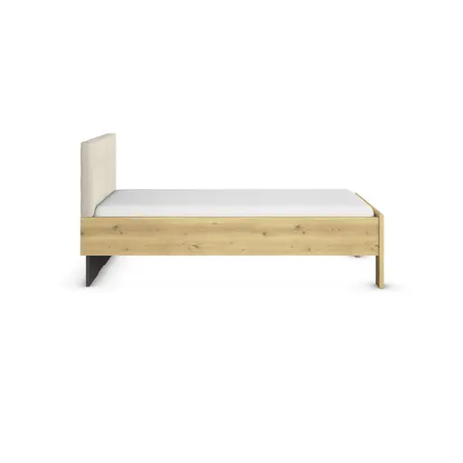 Bett - Liegefläche ca. 100x200 cm, mit Polsterkopfteil Champagner, Stollenfuß Asteiche Massiv