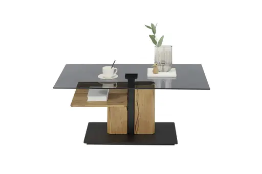 Couchtisch - höhenverstellbar, LBH ca. 105x65x45 cm, Glas grau, Eiche massiv