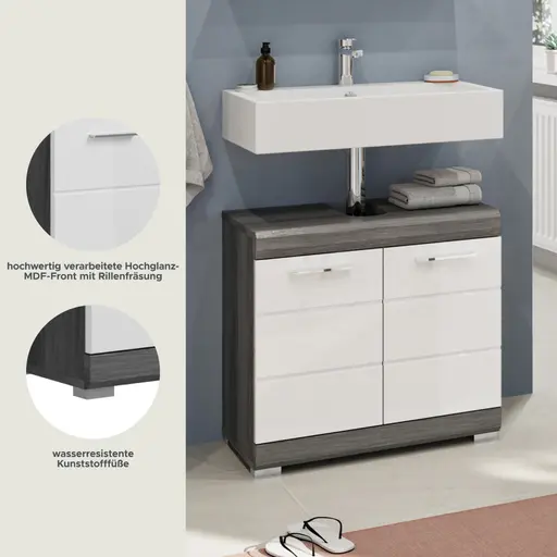 Waschbeckenunterschrank - B ca. 60 cm, Rauchsilber, Weiß Hochglanz