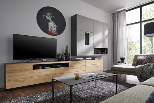 Wohnwand 4450 - Balkeneichefurnier, Lack, Grau