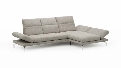 Ecksofa Elena - 2-Sitzer mit Longchair rechts, Kopfteil/Armlehne verstellbar, Stoff, Silbergrau