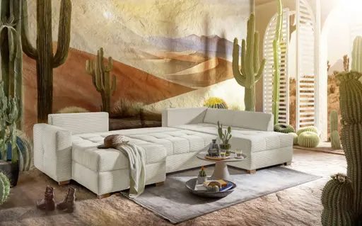 Wohnlandschaft JOSY - Longchair links, 1,5-Sitzer, Ecke rechts inkl. Schlaffunktion mit Bettkasten, Stoff, Beige