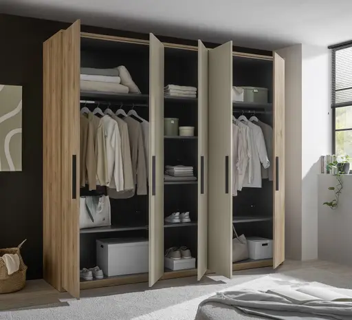 Drehtürenschrank - B. ca. 250,4 cm, Außentüren Holzdekor, Mitteltüren Beige