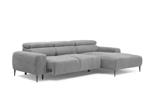 Ecksofa - 2-Sitzer mit Longchair rechts, Sitzvorzug motorisch, Kopfteil verstellbar, Stoff, Grau