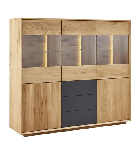 Highboard Missoula - inkl. Beleuchtung, Asteiche massiv, natur geölt - Schubladen mit Glas anthrazit