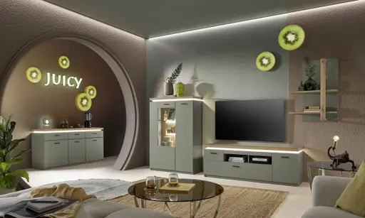 TV-Lowboard - mit Beleuchtung, B ca. 156 cm, Salbeigrün, Eiche Evoke Nachbildung