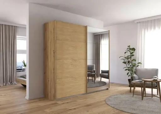Schwebetürenschrank ROTIA- B ca. 226 cm, Eiche Dekor, Spiegel