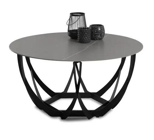 Couchtisch - Ø/H ca. 80x40 cm, Hellgrau marmoriert, Schwarz