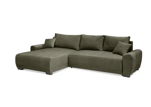 Ecksofa - Longchair links mit 2-Sitzer, Schlaffunktion mit Bettkasten, Stoff, Moos
