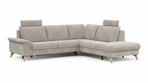 Ecksofa Tulsa KS - 2,5-Sitzer, Spitzecke und 1,5-Sitzer mit Anstellhocker aufklappbar rechts, inkl. Kopfstütze, AL verstellbar und Schlaffunktion, Stoff, Graubeige