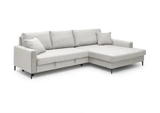 Ecksofa - 3-Sitzer mit Longchair rechts, Schlaffunktion mit Bettkasten, Stoff, Creme