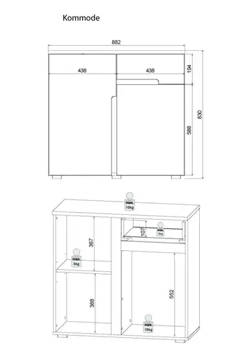 Kommode - B ca. 88 cm, Weiß, Weiß Hochglanz, Anthrazit