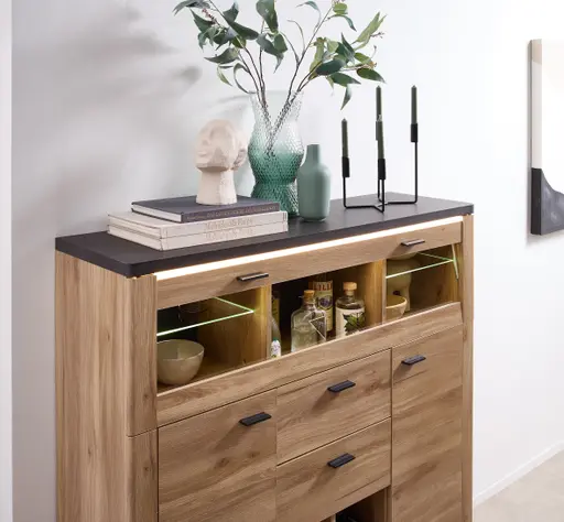 Highboard - mit Beleuchtung, B ca. 128 cm, Eiche Nachbildung, Eiche dunkel Nachbildung