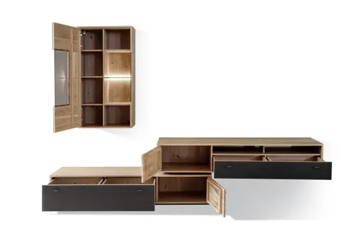 Wohnwand - mit Beleuchtung,  Balkeneiche massiv, Absetzung Glas Anthrazit