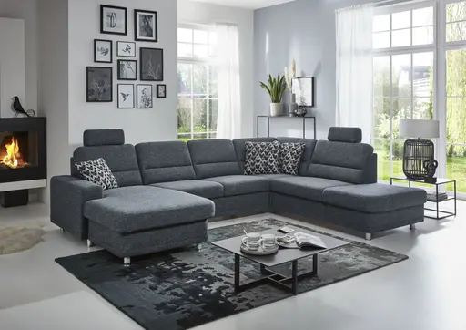 Wohnlandschaft - Longchair links mit 2,5-Sitzer und Ecke rechts, Stoff Dunkelblau