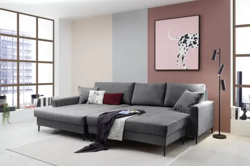 Ecksofa - Longchair links mit 3-Sitzer, Schlaffunktion mit Bettkasten, Stoff, Anthrazit