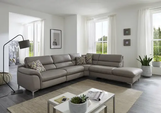 Ecksofa - 2,5-Sitzer mit Ecke rechts, Kopfteil verstellbar, Leder, Granit