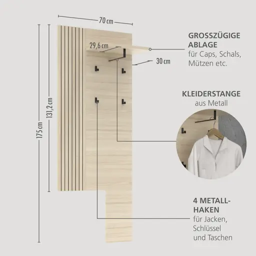 Garderobe - mit Beleuchtung, Riva Eiche Nachbildung, Basalt