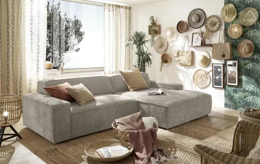 Ecksofa - 2-Sitzer mit Longchair rechts, Sitzvorzug motorisch, Stoff, Taupe