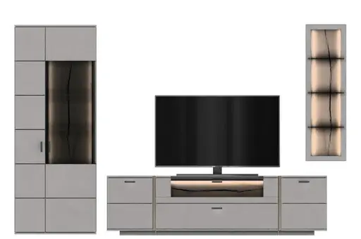 Wohnwand - mit Beleuchtung, Lack, Grau