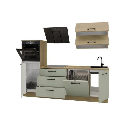 Küchenblock- ohne E-Geräte, B ca. 250 cm, Eiche Dekor, Salbei, Matt