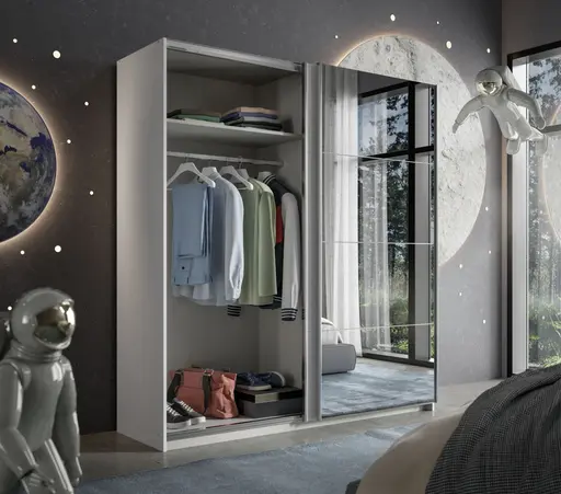 Schwebetürenschrank RUBITO- B ca. 181 cm, Weiß, Spiegel