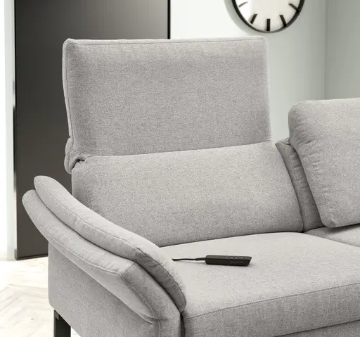 Ecksofa - 3-Sitzer mit Longchair rechts, Relaxfunktion motorisch, Stoff, Hellgrau