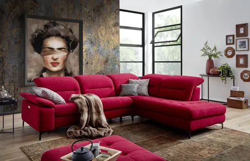 Ecksofa EM Brügge - 3-Sitzer mit Ecke rechts inkl. Kopfteil und Armlehne verstellbar, Stoff, Rot