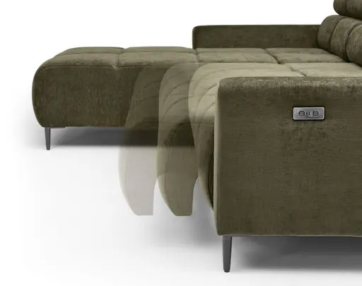 Ecksofa - Longchair links mit 2-Sizer, Sitztiefe verstellbar motorisch/Kopfteil verstellbar, Stoff, Dunkelgrün