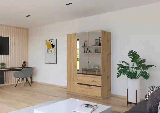 Drehtürenschrank RASA- B ca. 136 cm, Eiche Dekor, Spiegel