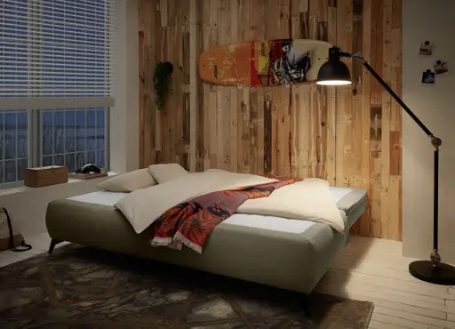 Funktionssofa JUNNIS - Schlaffunktion mit Bettkasten, Stoff, Taupe