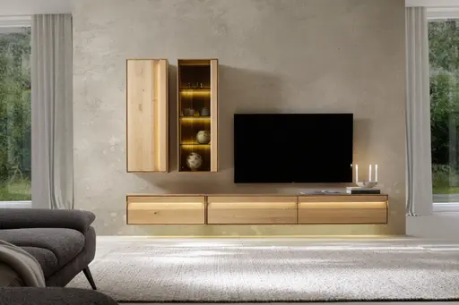 Wohnwand Due Viso - inklusive Beleuchtung, Wildeiche Roheffekt, Geölt, Glastüre