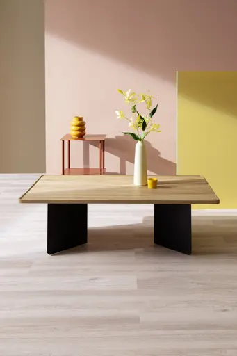 Couchtisch Olai - LHB ca. 120x39x65 cm, Asteiche massiv, Metall, Schwarz