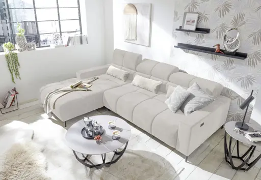 Ecksofa - Longchair links mit 2-Sizer, Sitztiefe verstellbar motorisch/Kopfteil verstellbar, Stoff, Creme