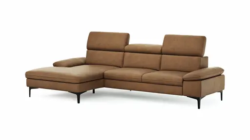 Ecksofa Felipa - Longchair links mit 2,5-Sitzer inkl. Kopfteil verstellbar, Leder, Cognac