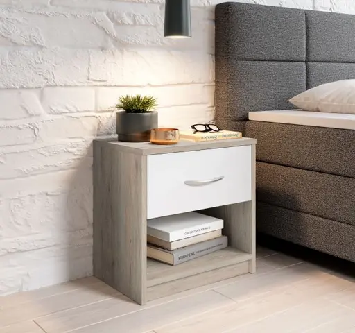 Nachtkommode - Eiche Dekor, Weiß