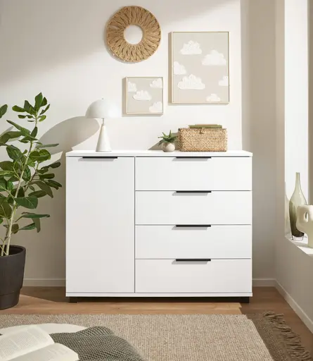 Kommode - B. ca. 120 cm, Dekor, Weiß