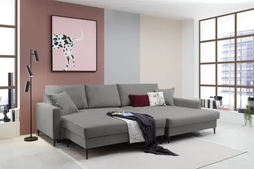 Ecksofa - 3-Sitzer mit Longchair rechts, Schlaffunktion mit Bettkasten, Stoff, Grau