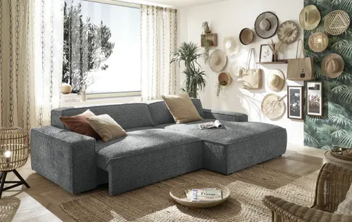 Ecksofa - 2-Sitzer mit Longchair rechts, Sitzvorzug motorisch, Stoff, Anthrazit