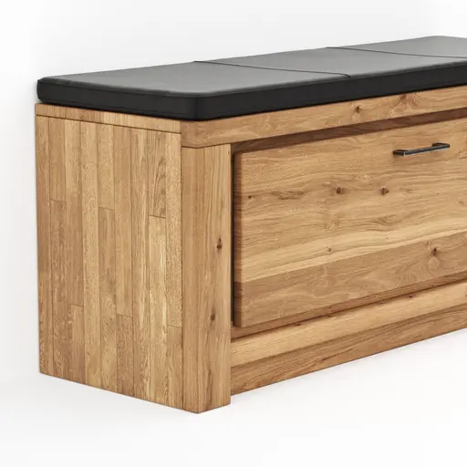 Schuhschrank Farmingdale - Eiche massiv, natur geölt mit Sitzkissen schwarz