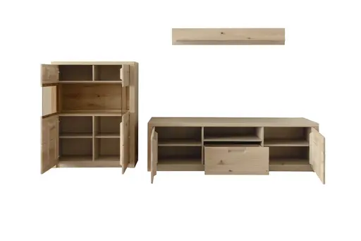 Wohnwand - mit Beleuchtung und Fernbedienung, Eiche Nachbildung, Eiche massiv geölt