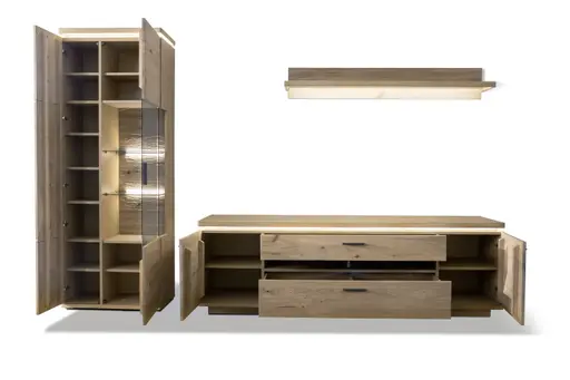 Wohnwand - mit Beleuchtung, Balkeneiche massiv