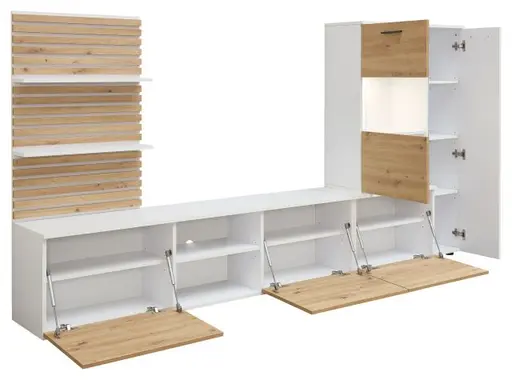 Wohnwand- Weiß, Eiche Dekor