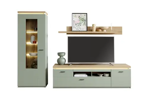 TV-Lowboard - mit Beleuchtung, B ca. 195 cm, Salbeigrün, Eiche Evoke Nachbildung