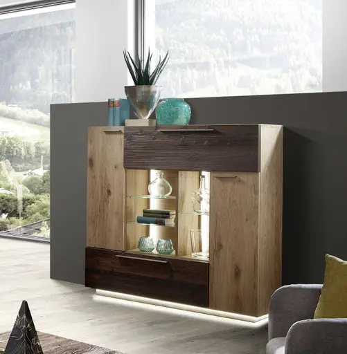 Highboard - mit Beleuchtung, Alteiche Furnier, Akzent Alm-Altholz