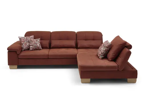 Ecksofa - 3-Sitzer mit Longchair rechts, inkl. Kopfteil/Armlehne verstellbar, Stoff, Rubin