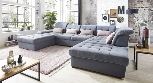 Wohnlandschaft - Longchair links, 3-Sitzer, Ecke rechts inkl. Kopfteilverstellung, Armteilverstellung in Flachgewebe blaugrau